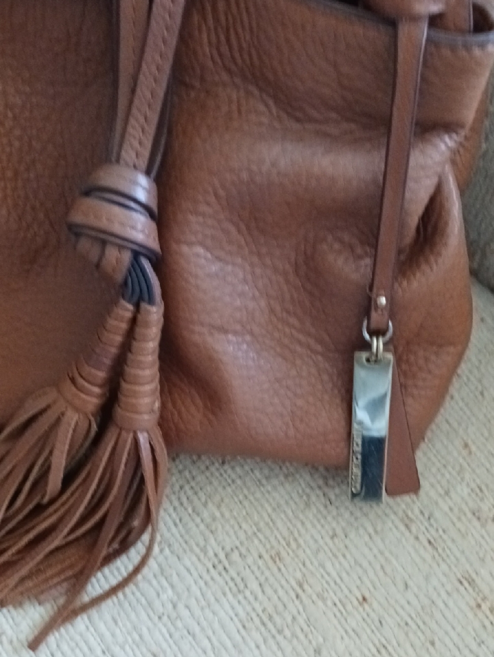 Leather Tassel Drawstring Bucket Bag - Brown